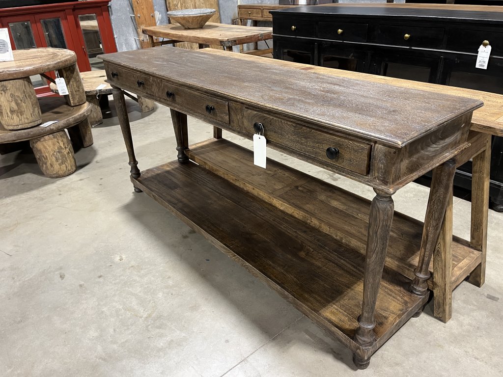 Open Bottom Wooden Console in Teak Brown