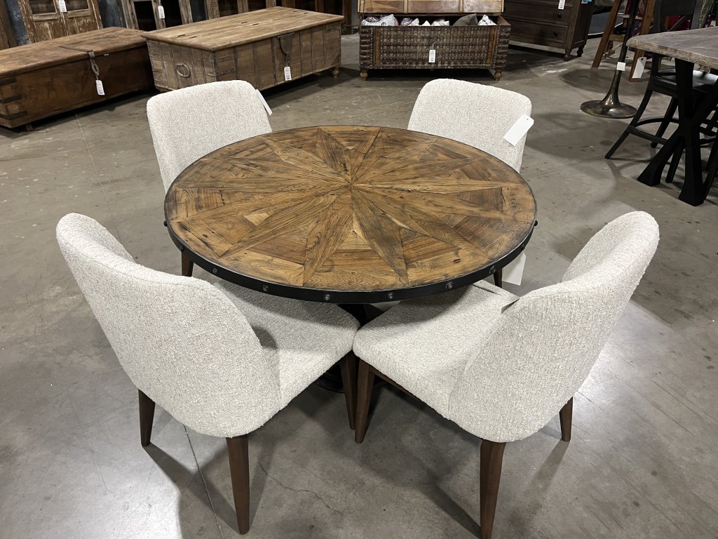 Round Wooden Dining Table with Metal Trim