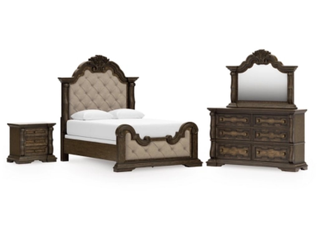 Maylee Queen Upholstered Panel Bed, Dresser, Mirror and Nightstand - primary view