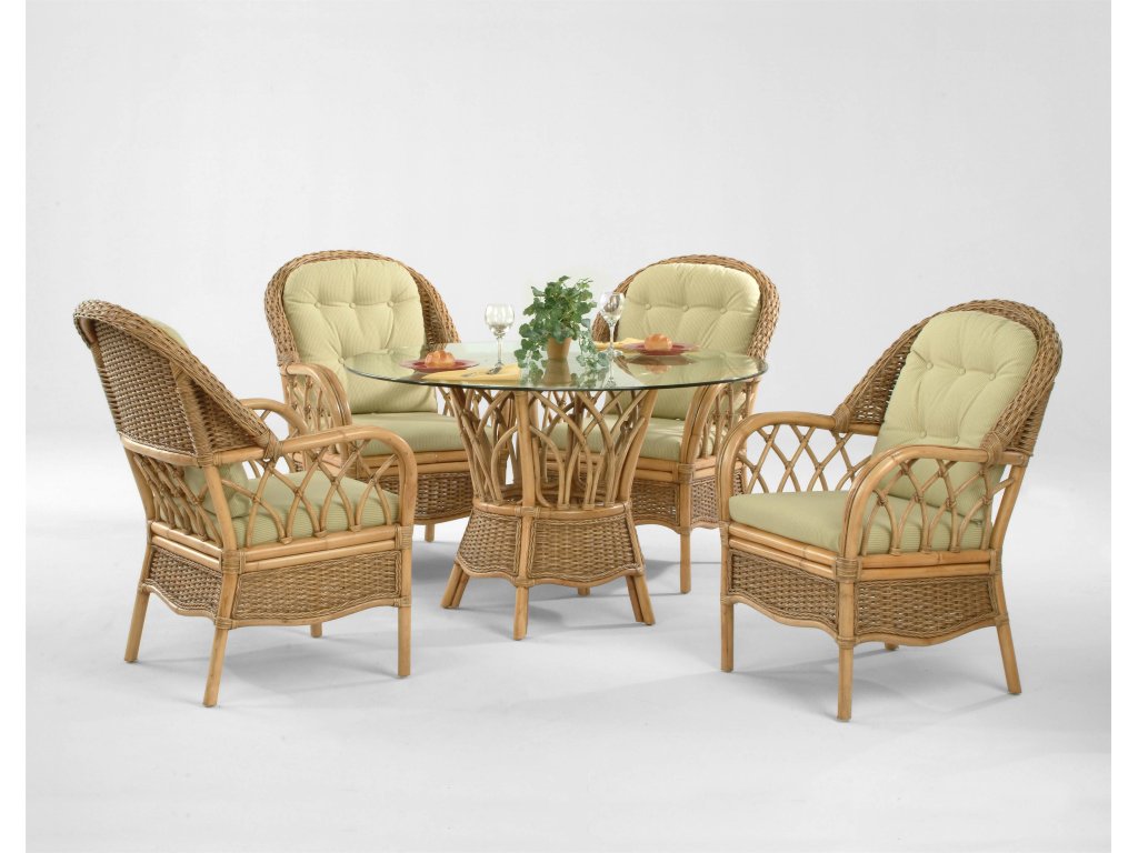 Tropical Five Piece Rattan Dining Set with Beveled Glass Table
