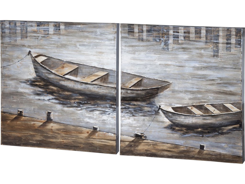 Diptych 80X40 Boats Original Hand Painted On Wood Oil Painting