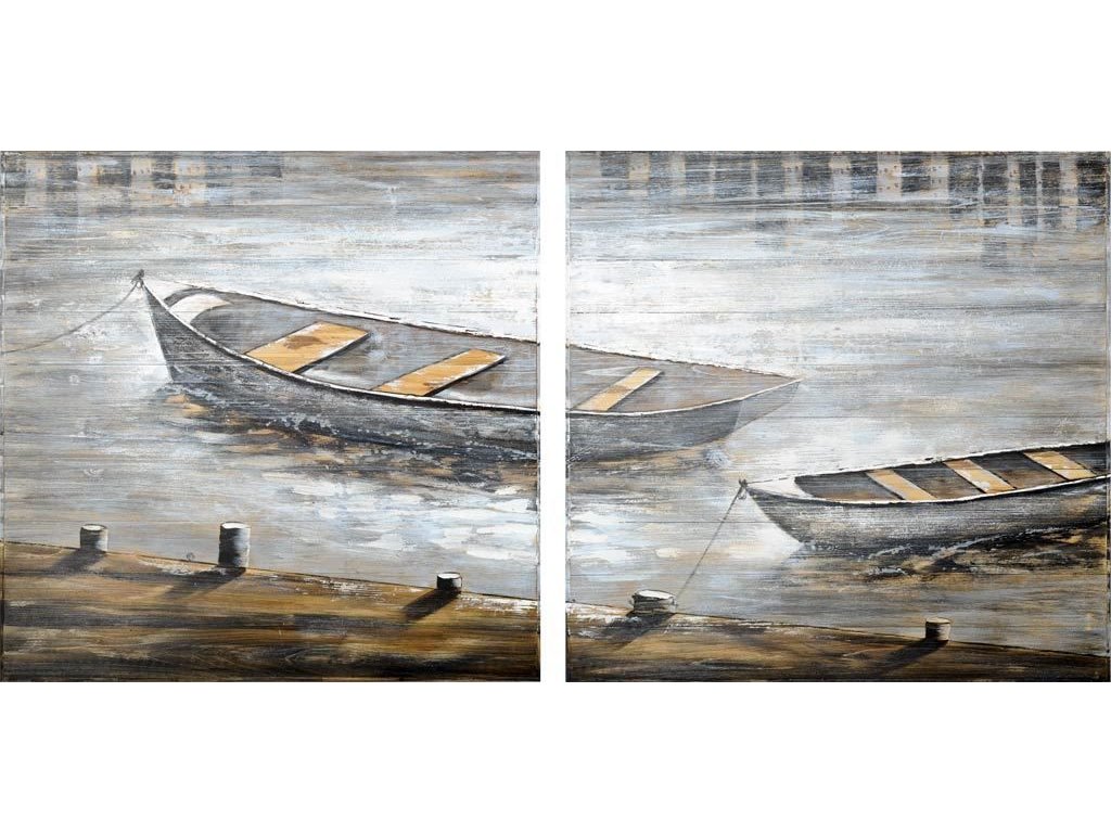 Diptych 80X40 Boats Original Hand Painted On Wood Oil Painting - Alternative View