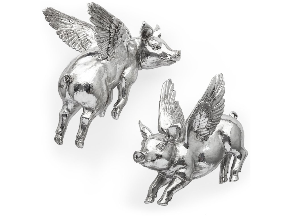 Set of 2 Silver Flying Pigs