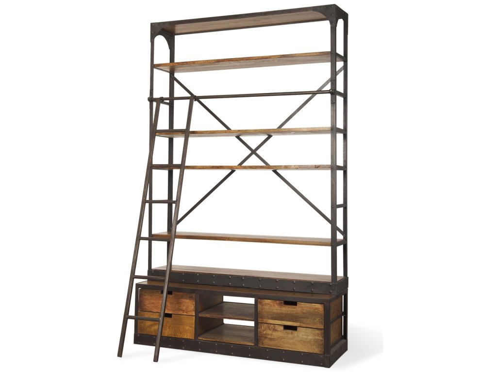 II Medium Brown Wood Black Ladder Four Shelf Shelving Unit 57L x 20.5W X94H
