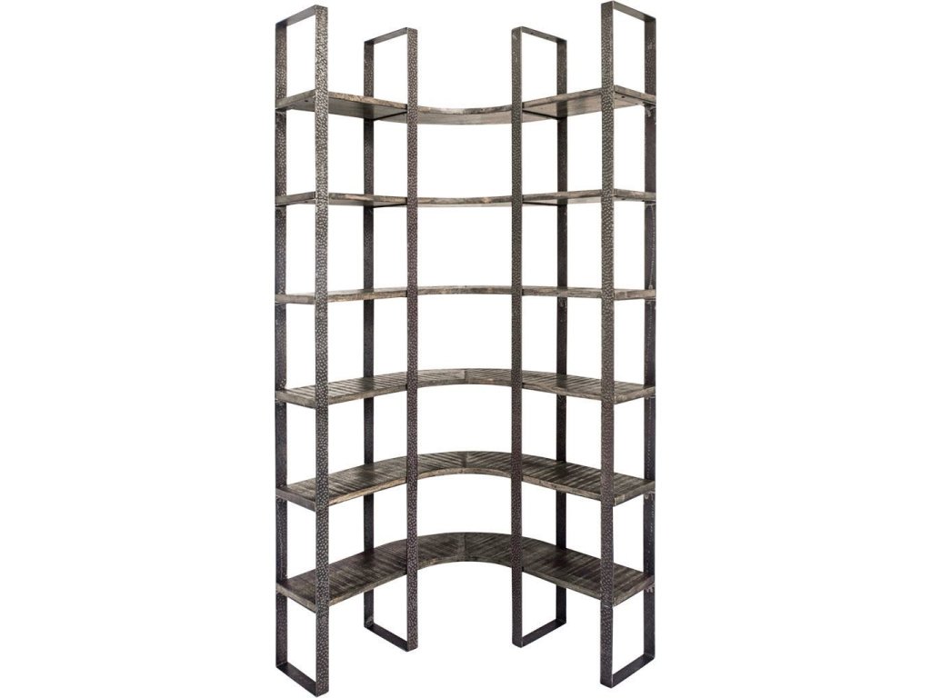I 37L x 10.5W x 90H Curved Brown Wood and Black Iron Six Shelving Unit