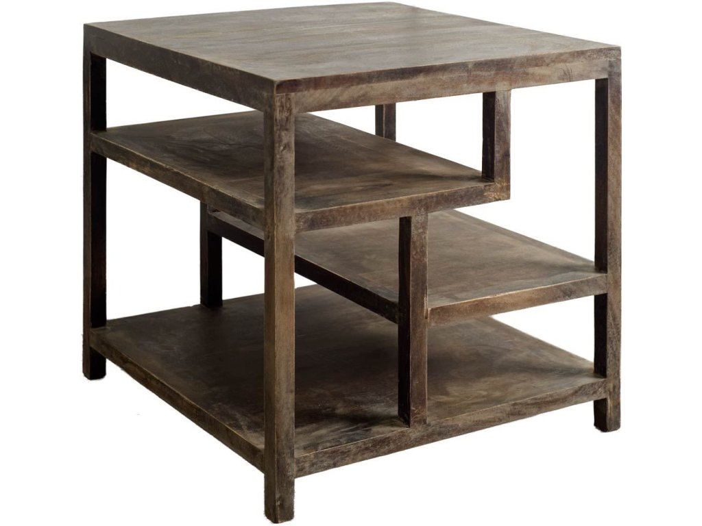 II 22" x 21.9" Square Top Medium Brown Wooden Multi-Shelf End/Side Table