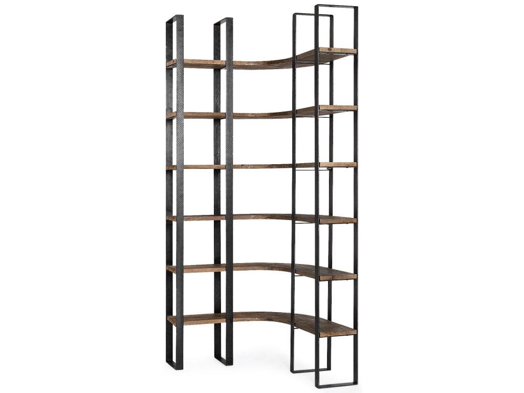II 37L x 10.5W x 90H Curved Dark Brown Wood and Black Iron Six Shelving Unit