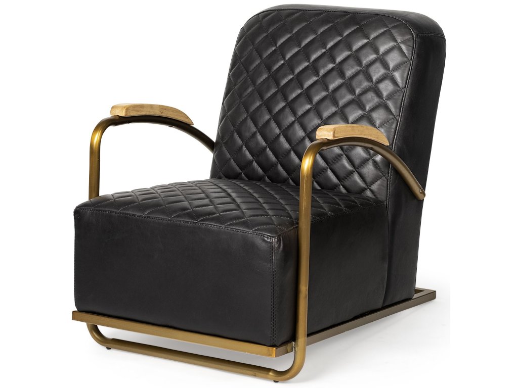 I Black Leather Diamond Pattern w/Gold Iron Frame Accent Chair