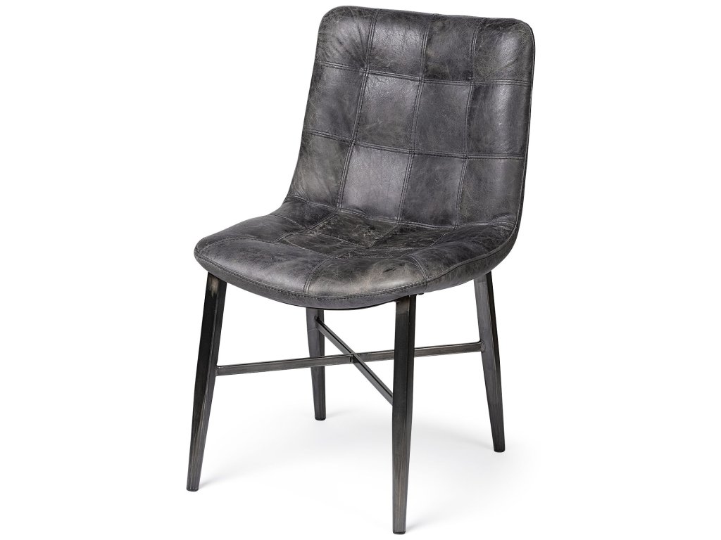 Black Genuine Leather Seat w/ Black Metal Frame Dining Chair