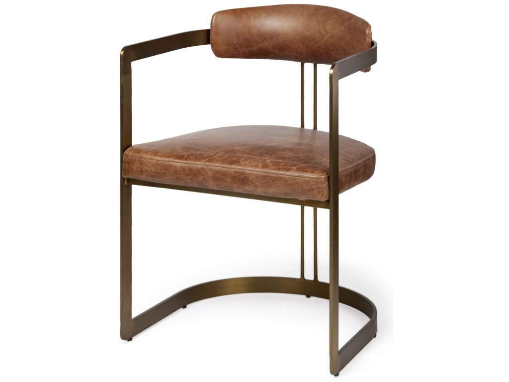 I Brown Leather Seat Gold Iron Frame Dining Chair