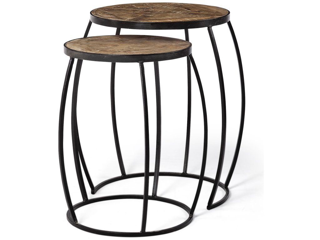 III (Set of 2) 20L x 20W Brown Round Wood Top w/ Black Metal Frame Nesting Accent Tables