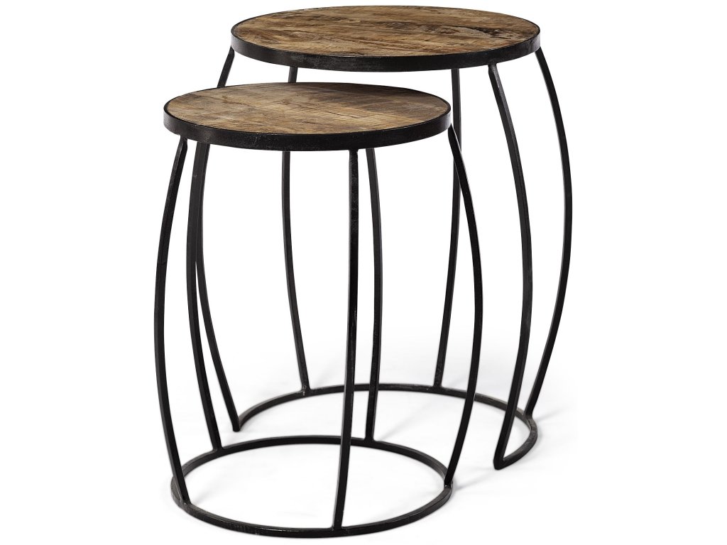 IV (Set of 2) 20L x 20W Brown Round Wood Top w/ Black Iron Frame Nesting Accent Tables