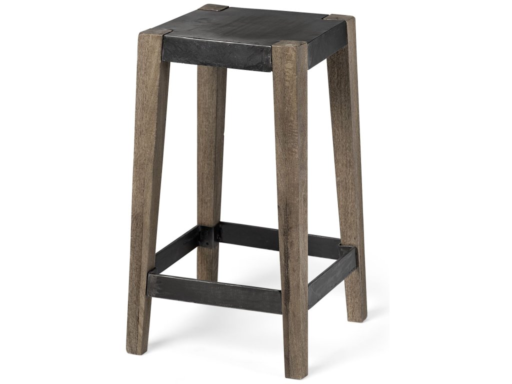 26" Seat Height Black Metal Seat & Foot Rest With Brown Wood Legs Stool