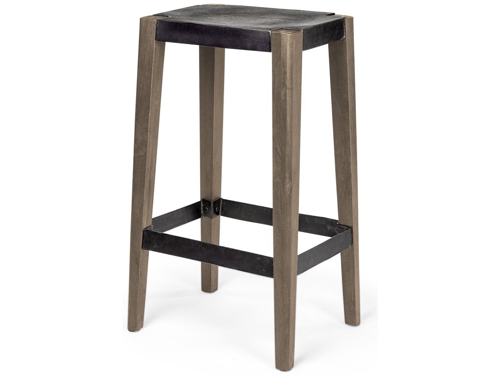 30" Seat Height Black Metal Seat & Foot Rest With Brown Wood Legs Stool