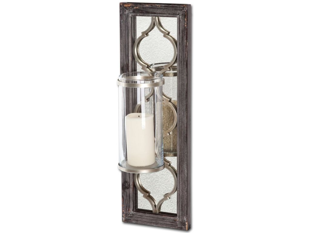 8.0L x 5.0W x 24.5H Antiqued Silver Wood Frame w/Glass and Metal Wall Candle Holder