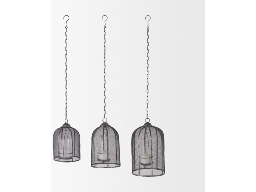 Set of 3 Black Metal Bird Cage Candle Holder Lanterns