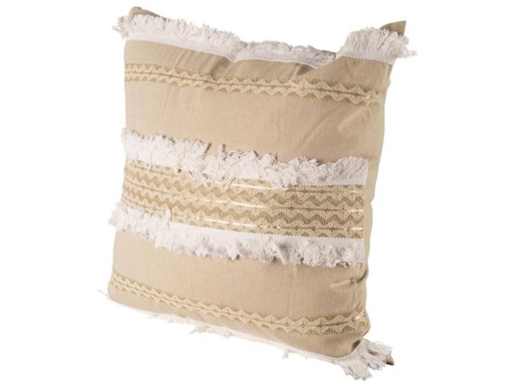 III 22 x 22 Tan and White Fringe Detail Decorative Pillow Cover