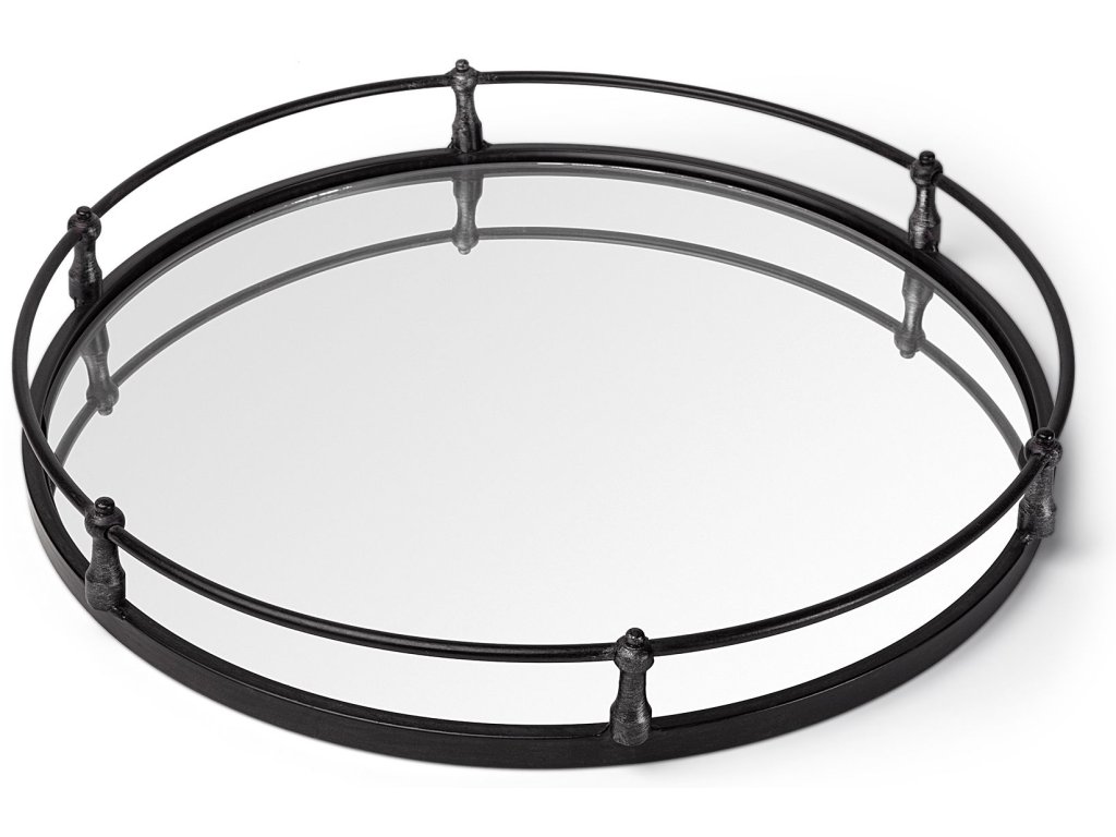 24L x 24W Black Metal Mirrored Base Round Tray