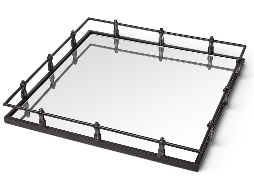 22L x 22W Black Metal Mirrored Base Square Tray
