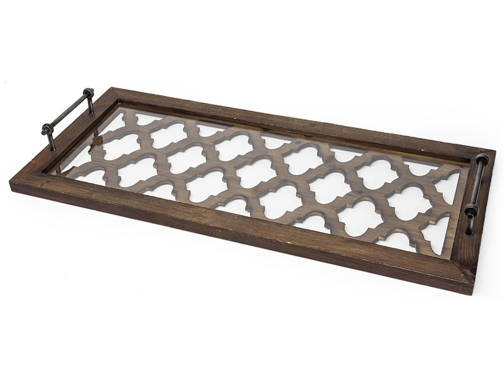 35L x 16W Brown Wood W Glass Top Rectangular Serving Tray