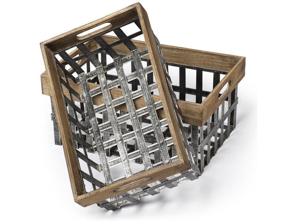 Set of 2 Wood and Metal Open Crate Style Baskets