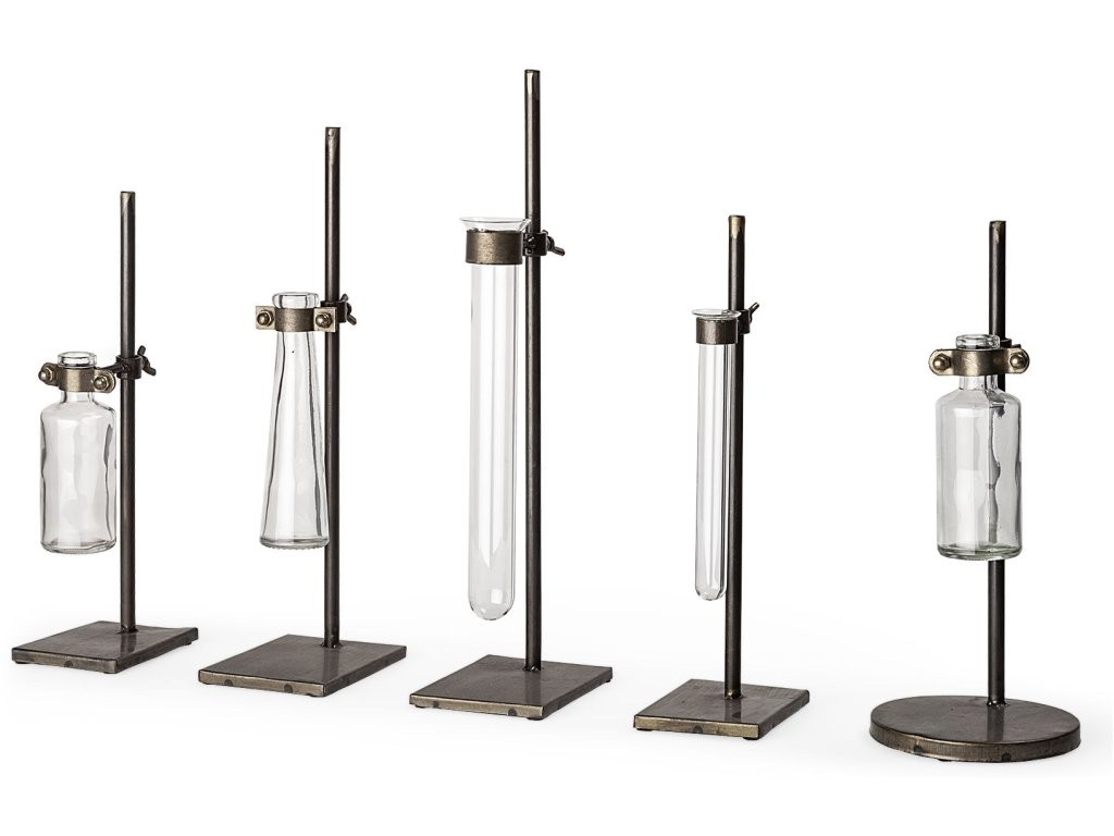 Set of Five Dark Brown Metal and Glass Chemistry Inspired Bottles