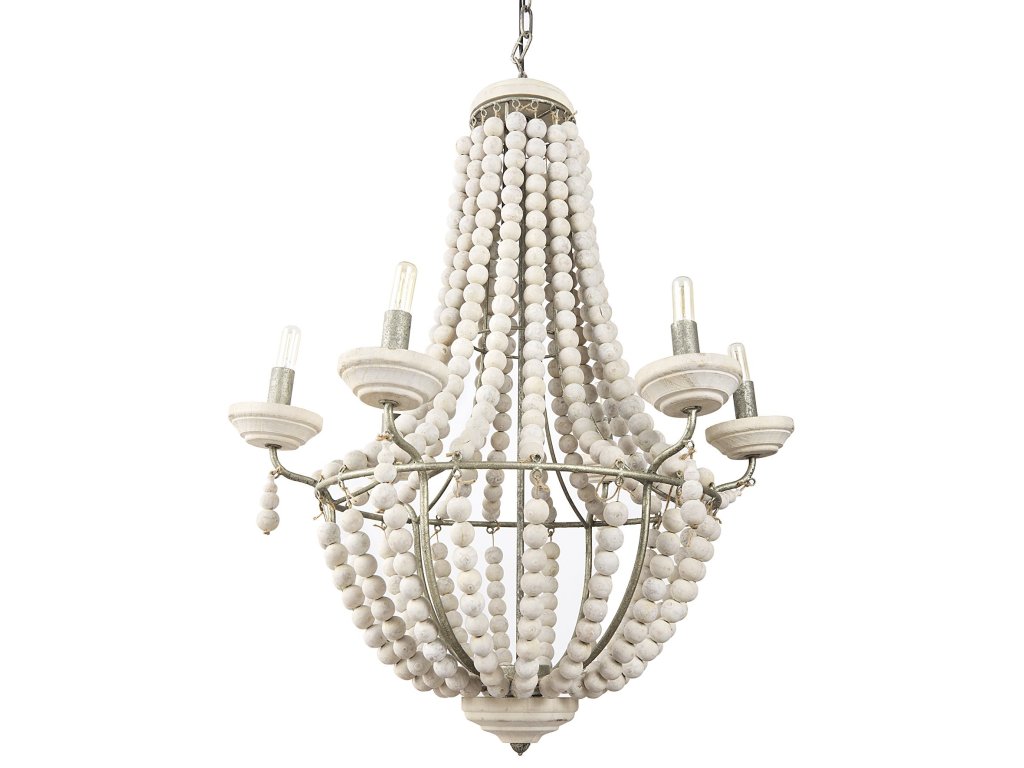 (29"X37") Silver Metal Chassis and White Wood Beaded Six Bulb Chandelier