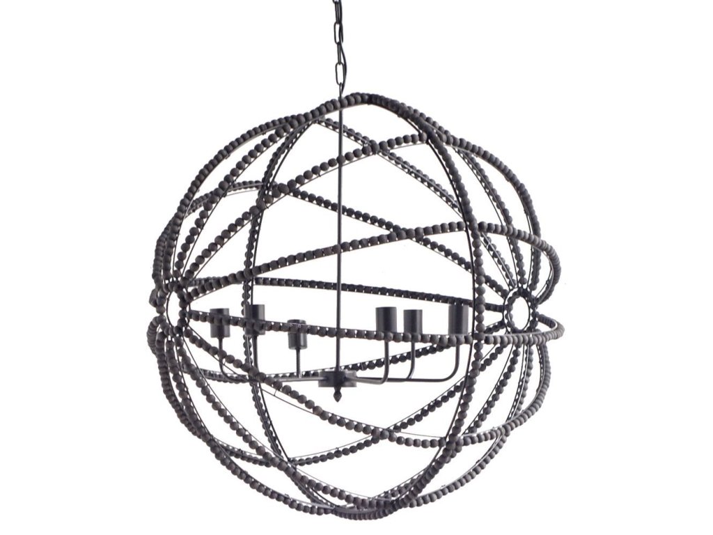 II (35"X36") Black Metal and Wooden Bead Six Bulb Chandelier