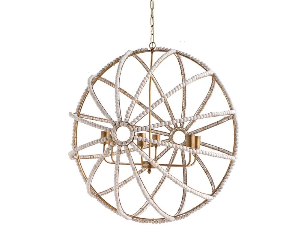 White (34"D) Gold Metal and White Wood Beaded Six Bulb Chandelier
