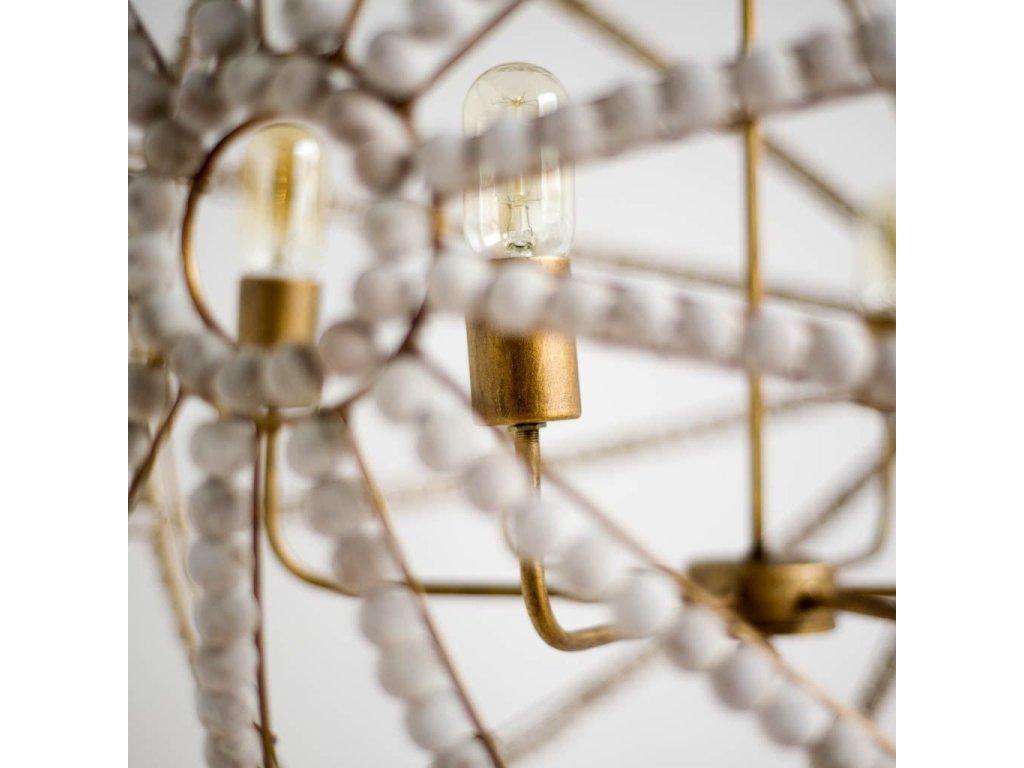 White (34"D) Gold Metal and White Wood Beaded Six Bulb Chandelier - Alternative View