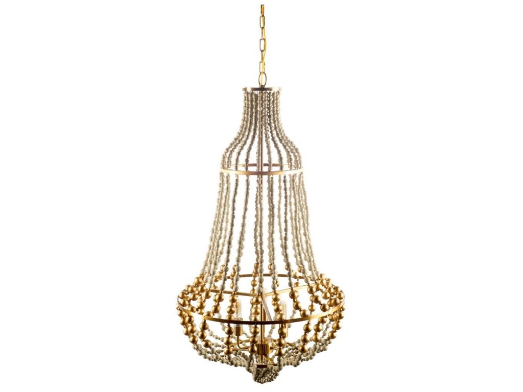 (22"X39.5") Gold Metal Wooden Bead Three Bulb Chandelier