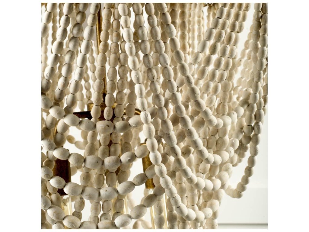 (26"X23") Gold Metal Whitewashed Wooden Bead Three Bulb Chandelier