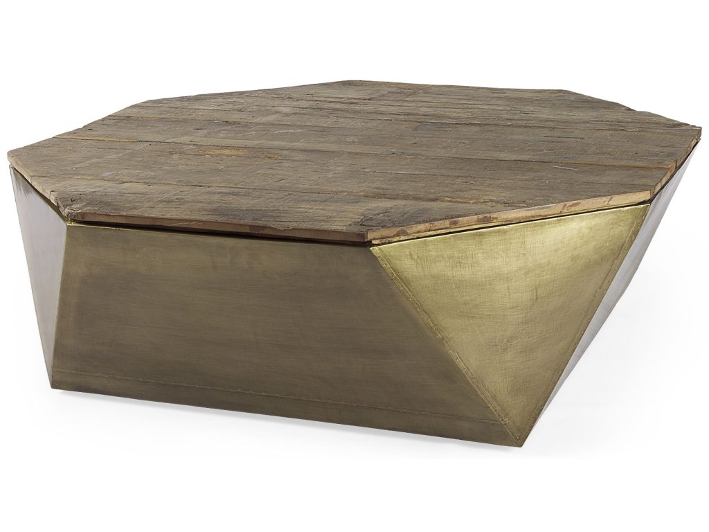 Octagonal Gold Metal-Clad Reclaimed Wood Coffee Table w/ Storage