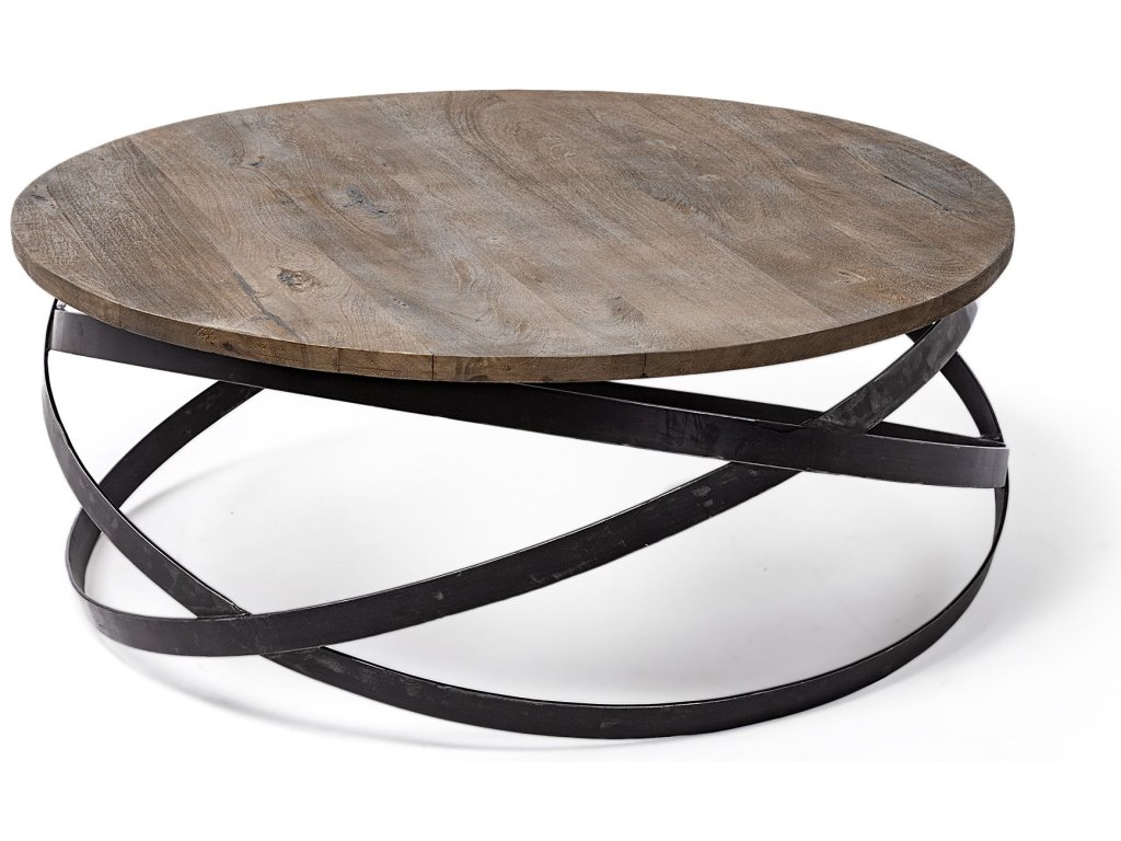 40" Round Brown Solid Wood Top Black Metal Base Coffee Table