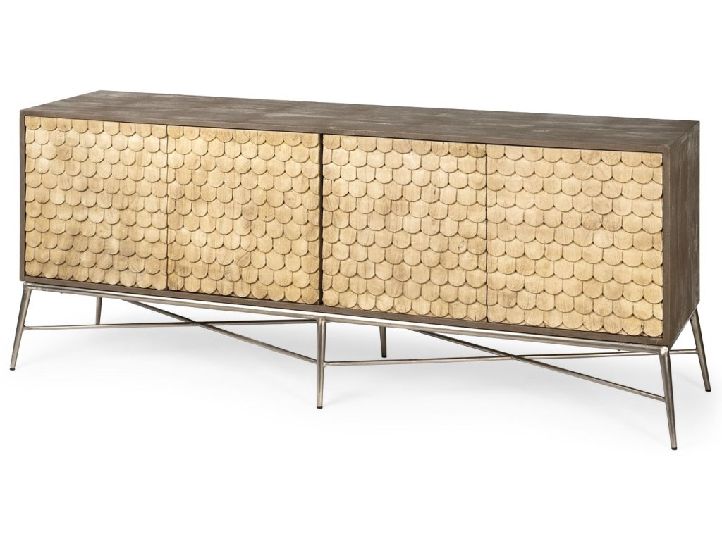 72L x 19W x 30.25H Two-Tone Brown Wood Cabinet Silver Metal Base 4 Cabinet Door Sideboard