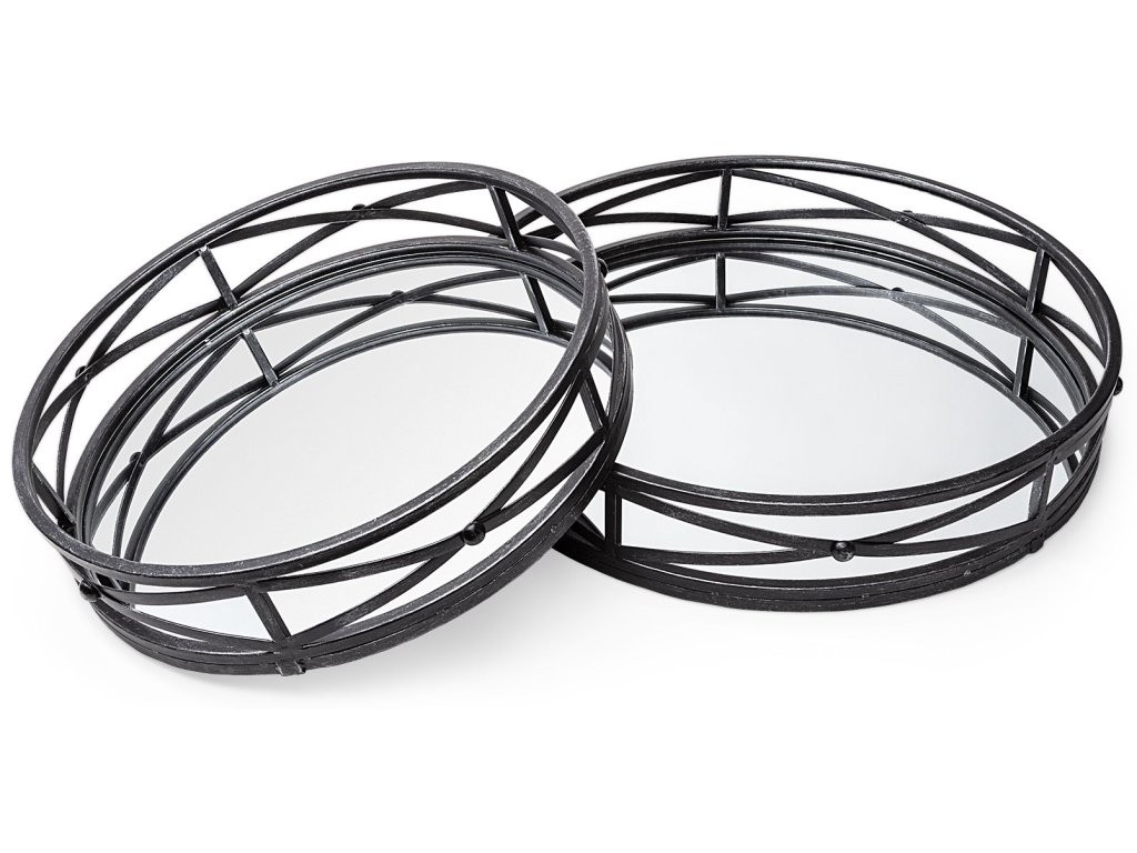 (Set of 2) Black Metal Mirrored Round Trays