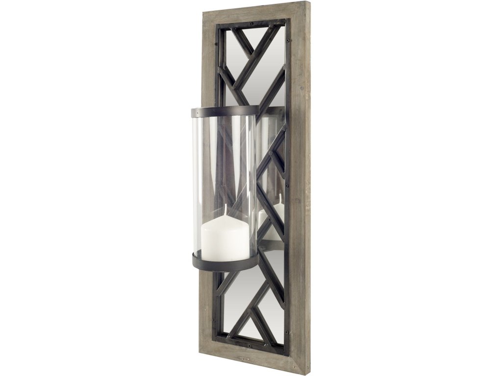 24"H Brown Wood Frame Black Metal Accent Mirrored Wall Candle Holder
