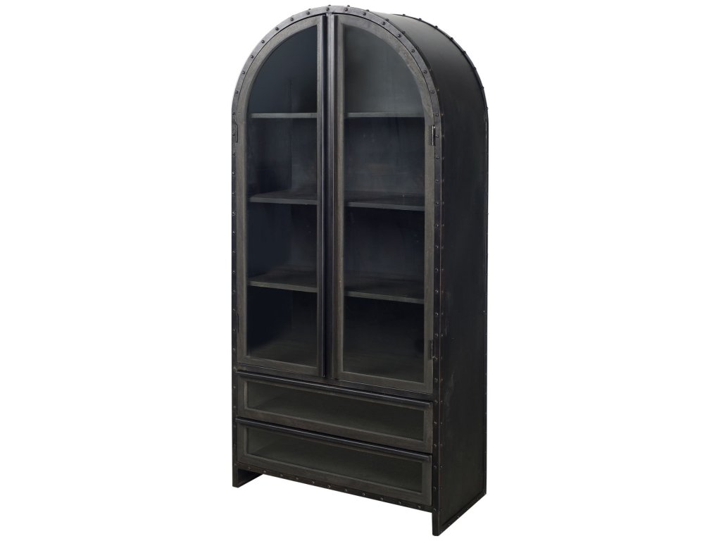 72.3" H Dark Brown Metal Brown Wood and Glass Door Display Cabinet