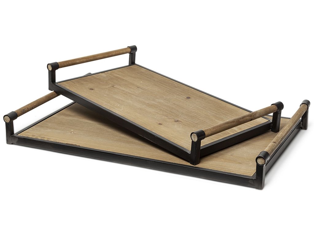 Set of 2 Brown Wood Black Metal Trays