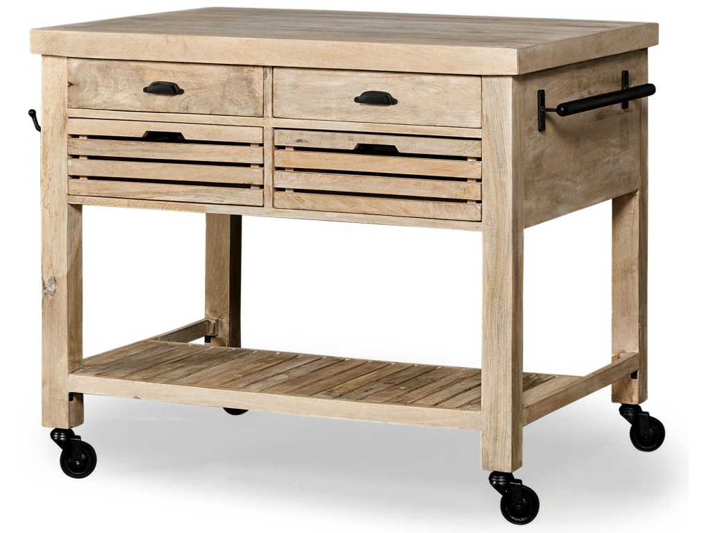 II Light Brown Base With Black Iron Knobs Rolling Kitchen Island