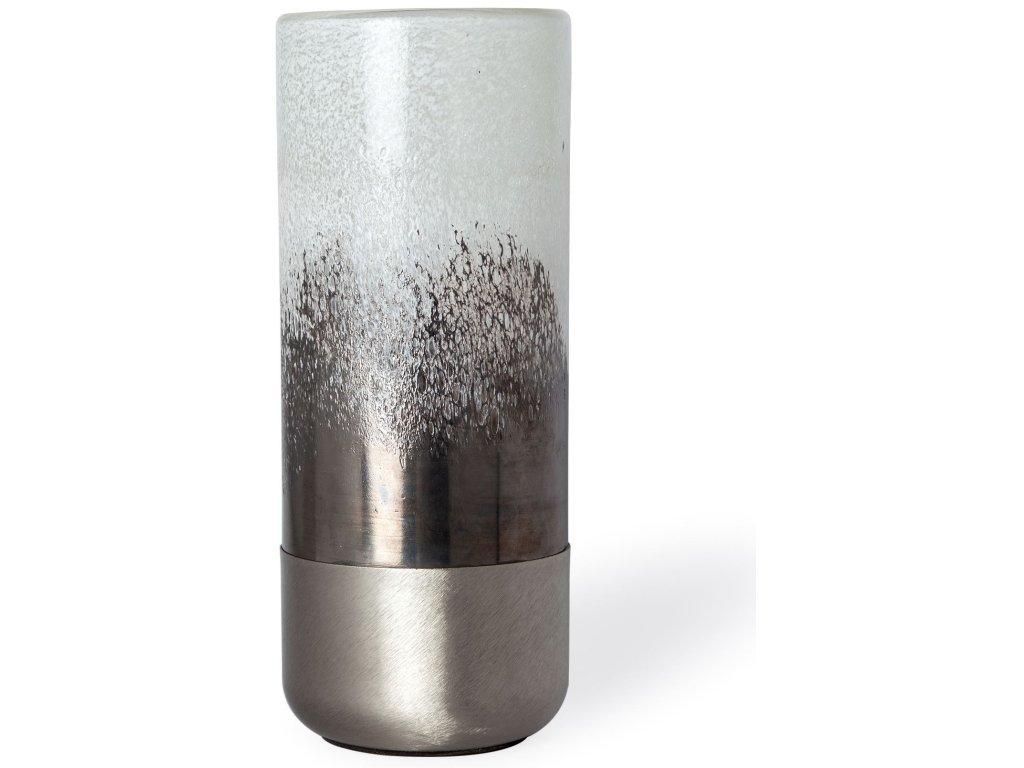 I Tall White Brushed Silver Metal Bottom Glass Vase