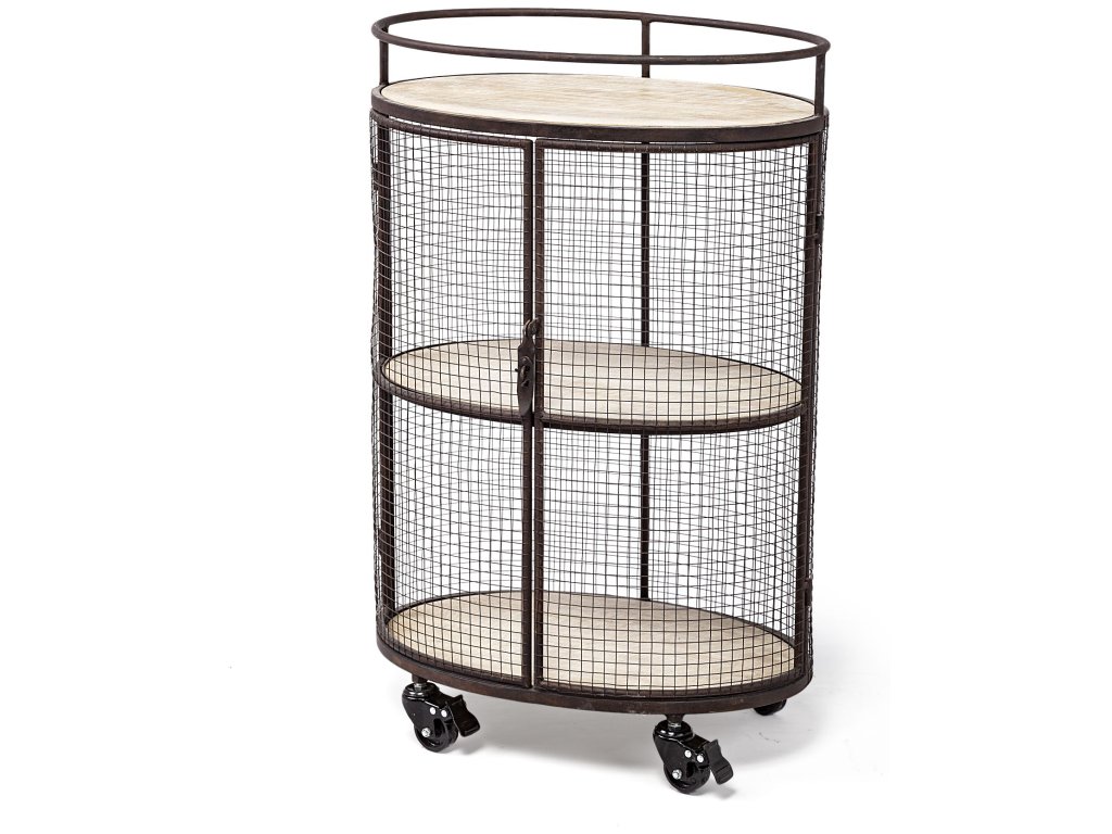 II Black Metal Frame Cage w/Three Wood Shelves Oval Bar Cart