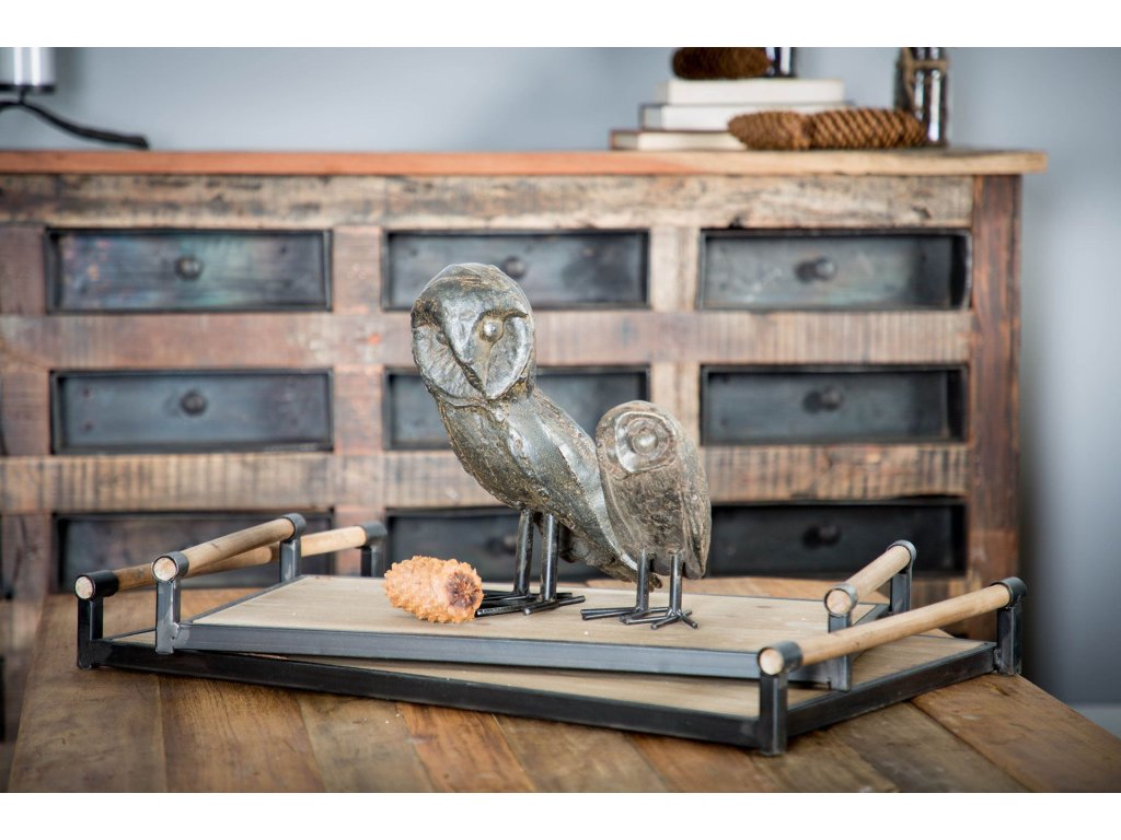 Set of 2 Brown Wood Black Metal Trays