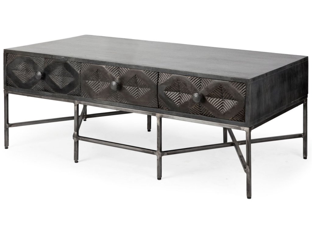 48X24 Rectangular Brown Solid Wood Top Iron Metal Base w/6 Drawers Coffee Table