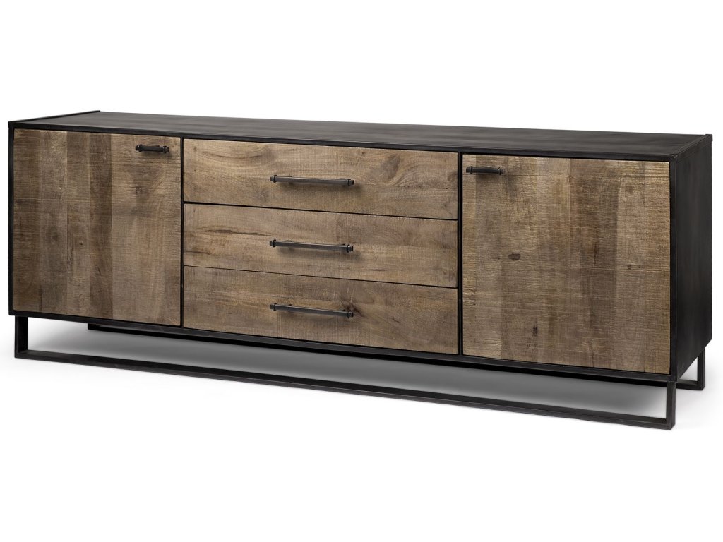 82X20 Brown Solid Wood With Black Metal Frame 3 Drawer 2 Cabinet Door Sideboard