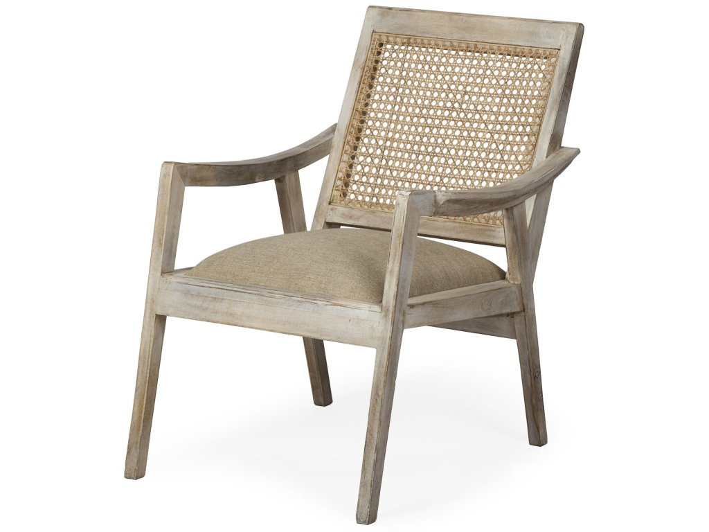 Cream Linen Seat and Natural Wooden Base w/ Mesh Back Accent Chair