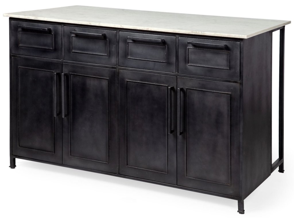 Solid Iron Black Body White Marble Top Four Drawer Kitchen Island