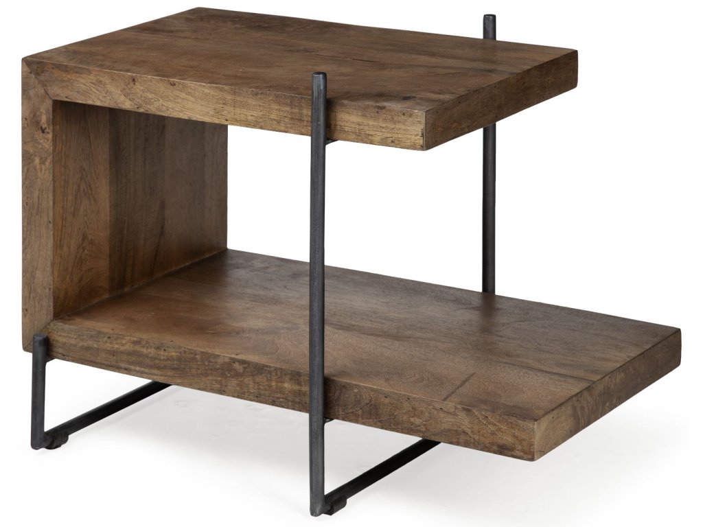 30L x 18W x 22H Medium Brown Wood w/ Black Metal U-Shaped End/Side Table