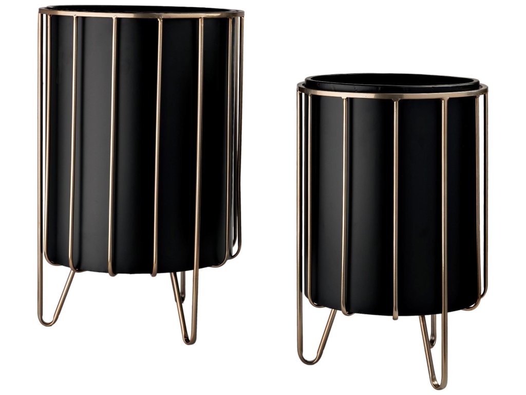 13 x 21 Set of 2 Black Metal Insert Brass Frame Plant Stands
