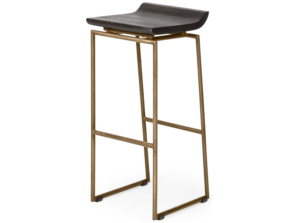 30.25" Seat Height Brown Wood Seat Gold Metal Base Stool